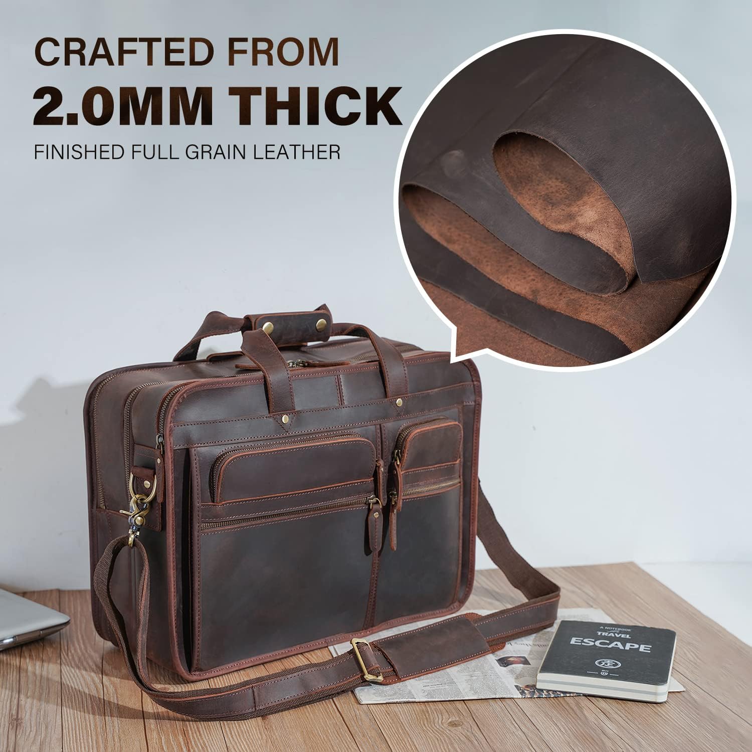 Men's Full Grain Leather Briefcase Large 17 Inch Business Travel Laptop Messenger Bag Tote with YKK Metal Zippers - Image 2